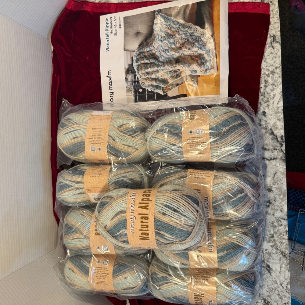 Mary Maxim Natural Alpaca Tweed Yarn Kit Waterfall Ripple Aqua Stripe 9 Balls